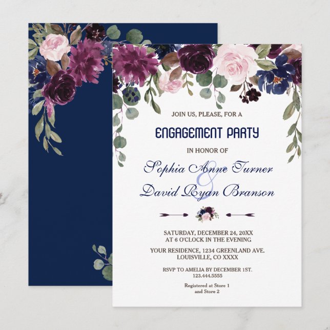 Invitación Partido de compromiso floral azul de la marina Cha (Anverso / Reverso)