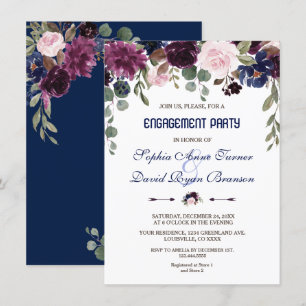 Invitación Partido de compromiso floral azul de la marina Cha