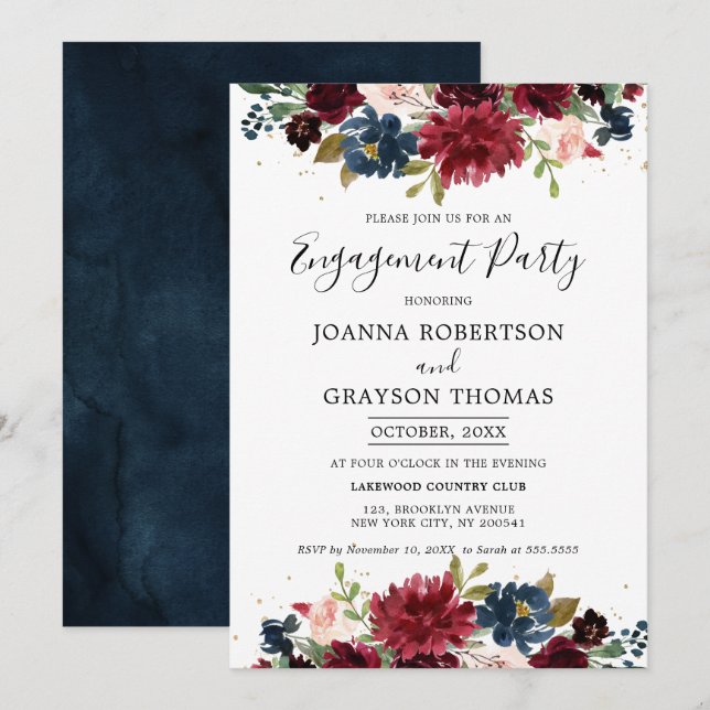 Invitación Partido de compromiso floral azul de la Marina de  (Anverso / Reverso)