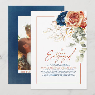 Invitación Partido de compromiso floral azul de Terracota y M