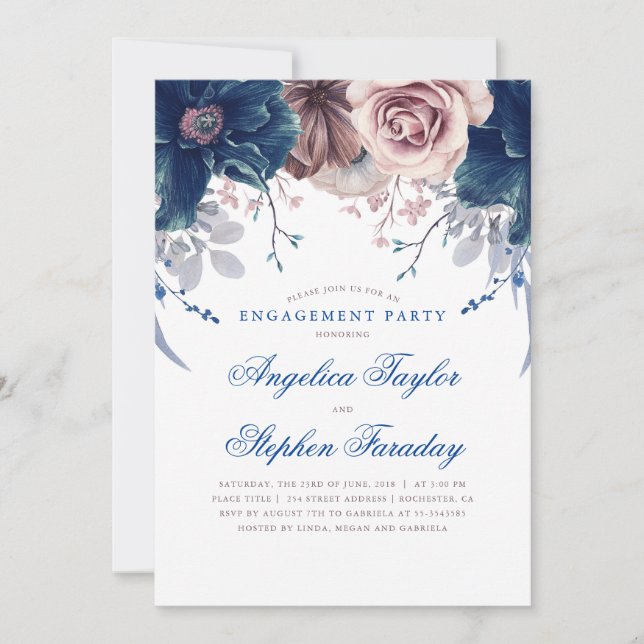 Invitación Partido de compromiso floral azul y malva (Anverso)