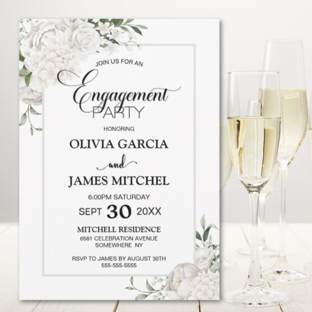 Invitación Partido de compromiso floral blanco de borde gris (Subido por el creador)