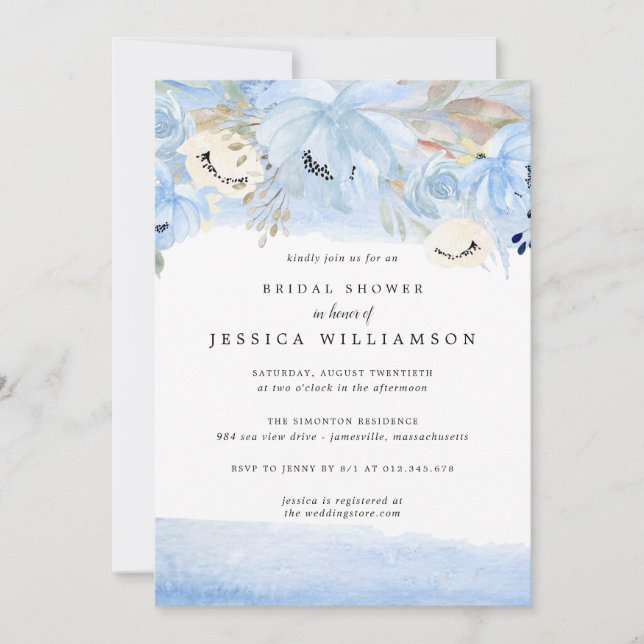 Invitación Partido de compromiso floral de acuarela azul y do (Anverso)