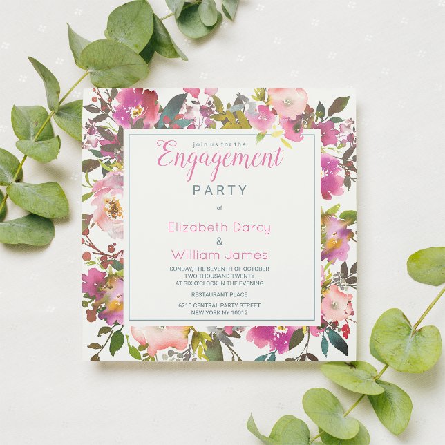 Invitación Partido de compromiso floral de acuarela moderna d (Modern pink watercolor floral Engagement Party )
