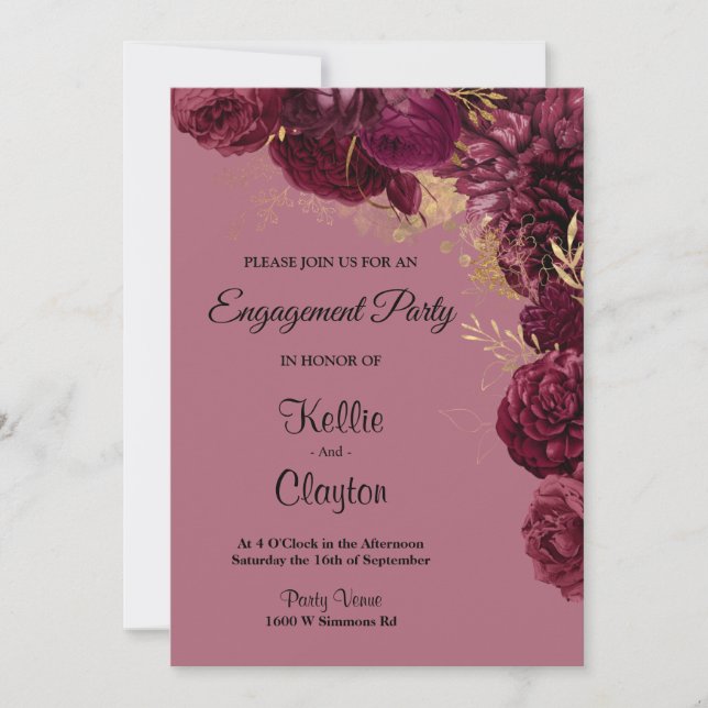 Invitación Partido De Compromiso Floral De Borgoña Y Oro (Anverso)