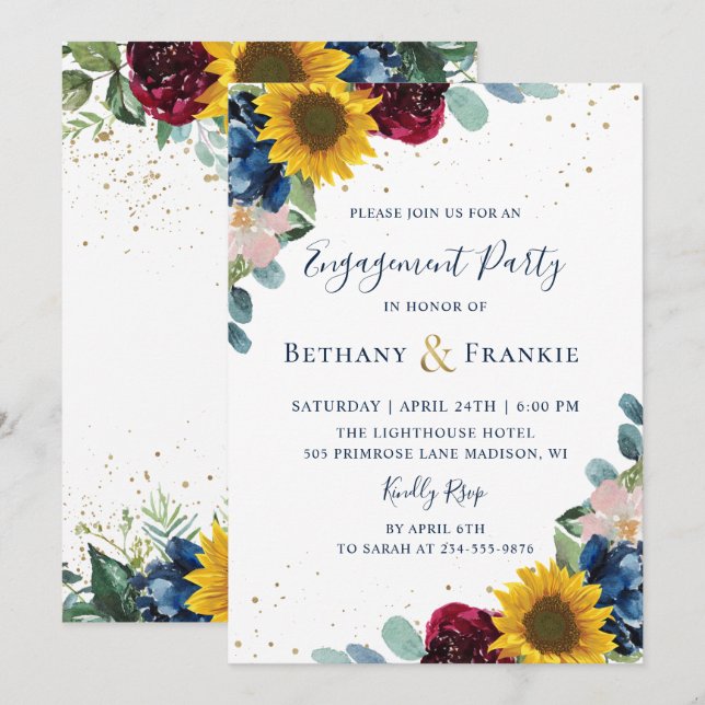 Invitación Partido de compromiso floral de girasol botánico (Anverso / Reverso)