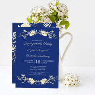 Invitación Partido de compromiso floral de invierno azul clás
