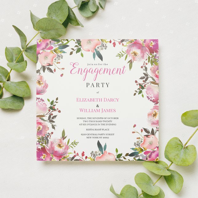 Invitación Partido de compromiso floral de la acuarela rosa b (Botanical pink watercolor floral Engagement Party Invitation )