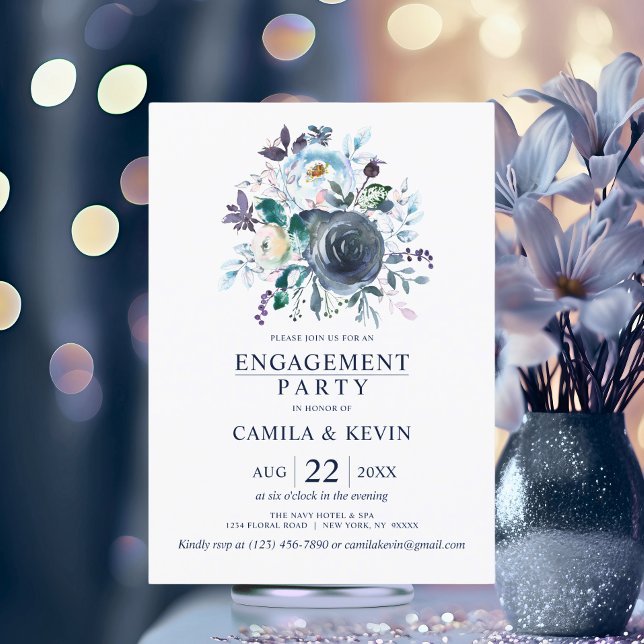 Invitación Partido de compromiso floral de la marina azul acu (Watercolor Blue Navy Floral Engagement Party Invitation)