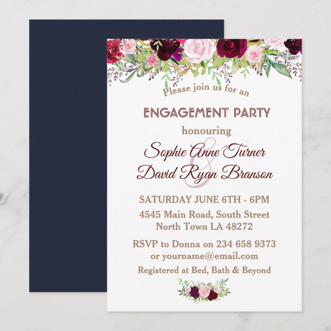 Invitación Partido de compromiso floral de la marina de moda  (Anverso / Reverso)