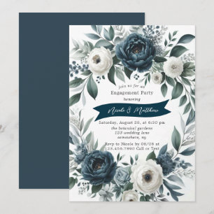 Invitación Partido de compromiso floral de marfil azul y plat