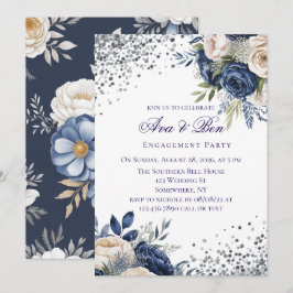 Invitación Partido de compromiso floral de marfil y azul mari