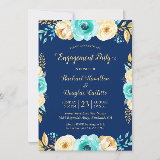 Invitación Partido de Compromiso - Floral de oro Verde azulad (Anverso)
