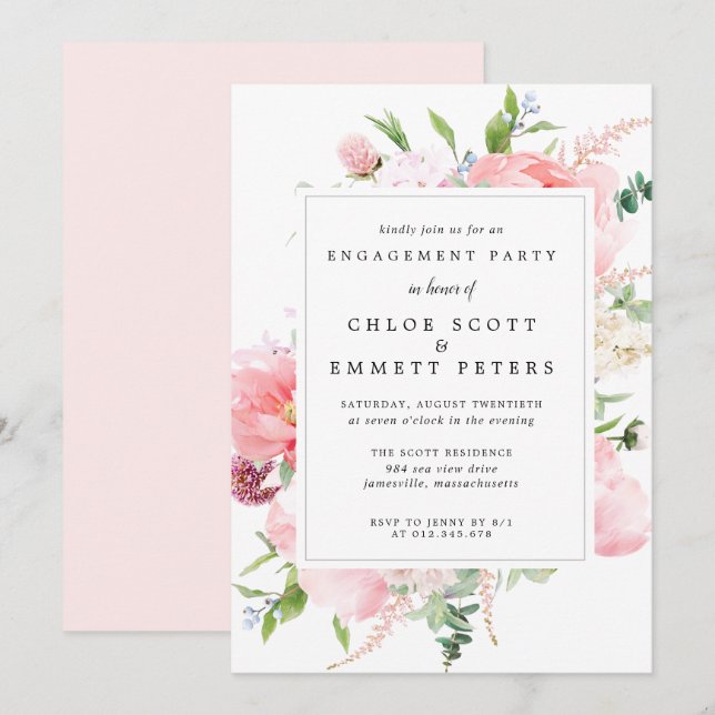 Invitación Partido de compromiso floral de peones rosados rus (Anverso / Reverso)