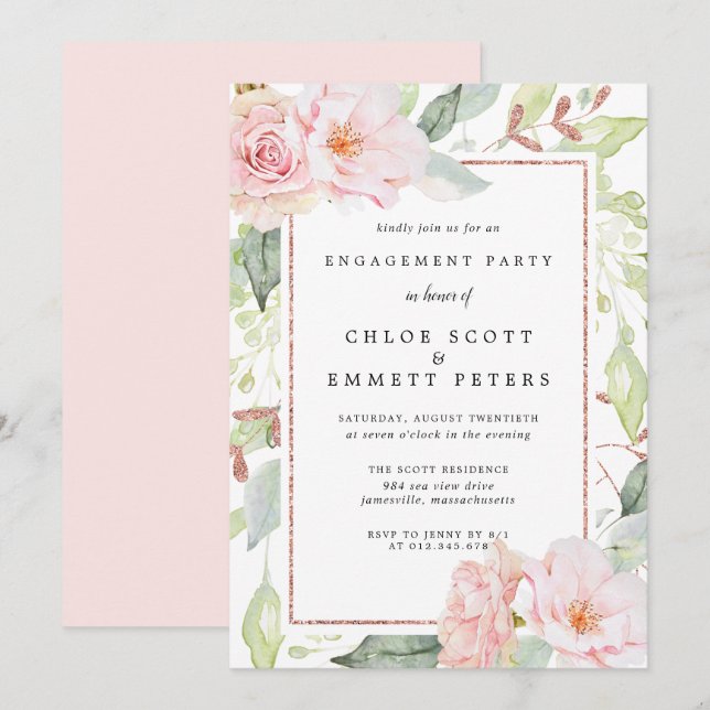Invitación Partido de compromiso floral de rosa rosa de Rubor (Anverso / Reverso)