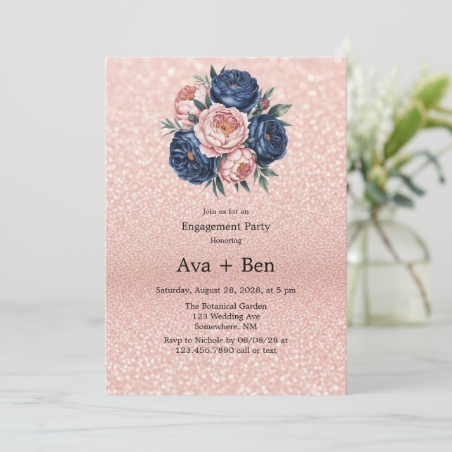 Invitación Partido de compromiso floral de Rosa y azul de la  (Anverso de pie)