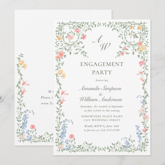 Invitación PARTIDO DE COMPROMISO Floral de Rosas franceses Me (Anverso / Reverso)