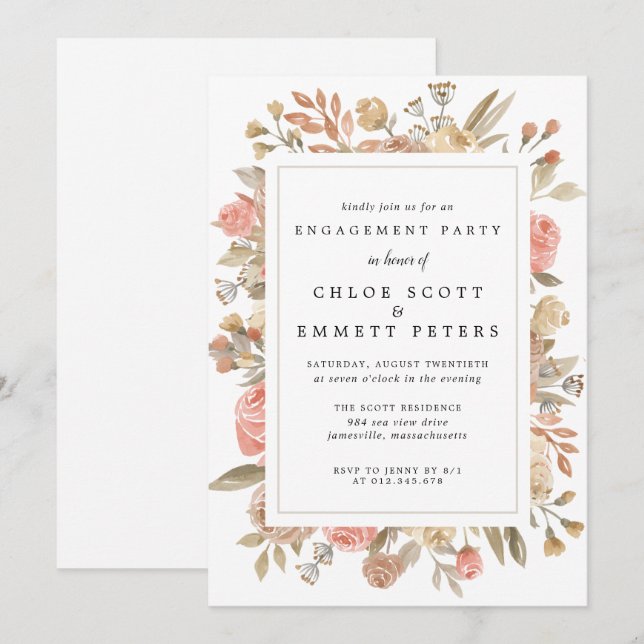 Invitación Partido de compromiso floral del Rosa de Rubor del (Anverso / Reverso)