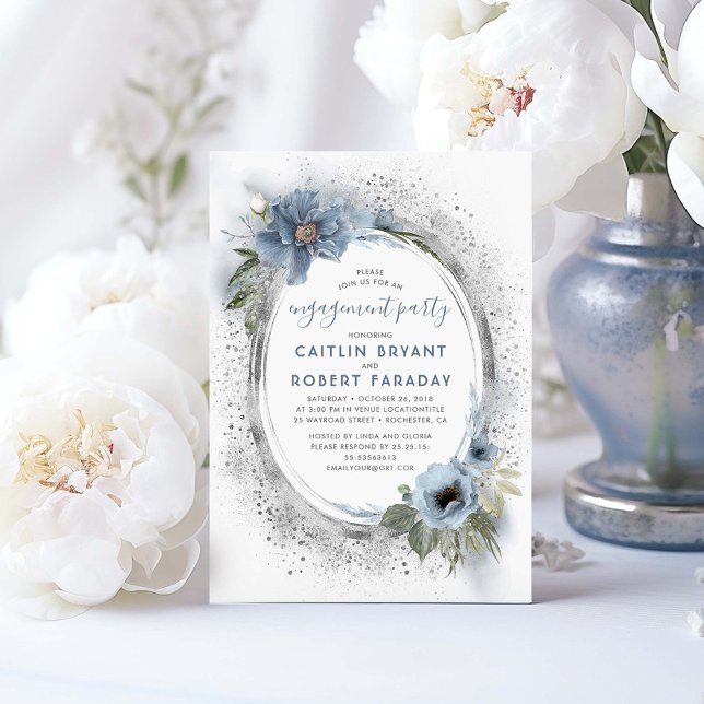 Invitación Partido de compromiso floral Dusty Blue y Silver (Dusty Blue and Silver Engagement Party Invitations)