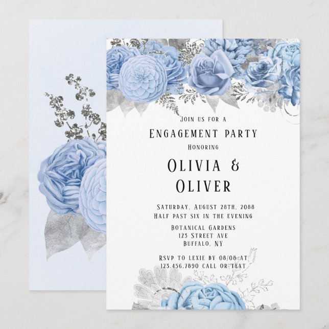 Invitación Partido de compromiso floral Dusty Blue y Silver (Anverso / Reverso)