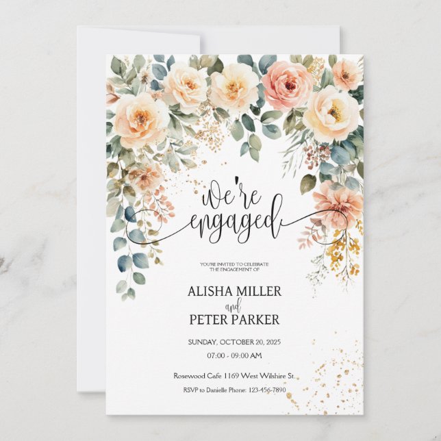 Invitación Partido de compromiso floral elegante de acuarela (Anverso)