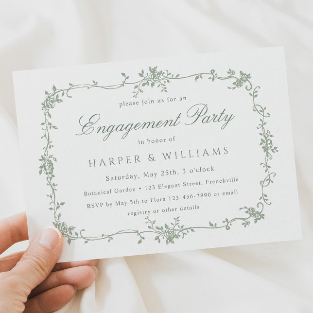 Invitación Partido de compromiso floral francés Sage Green (Subido por el creador)