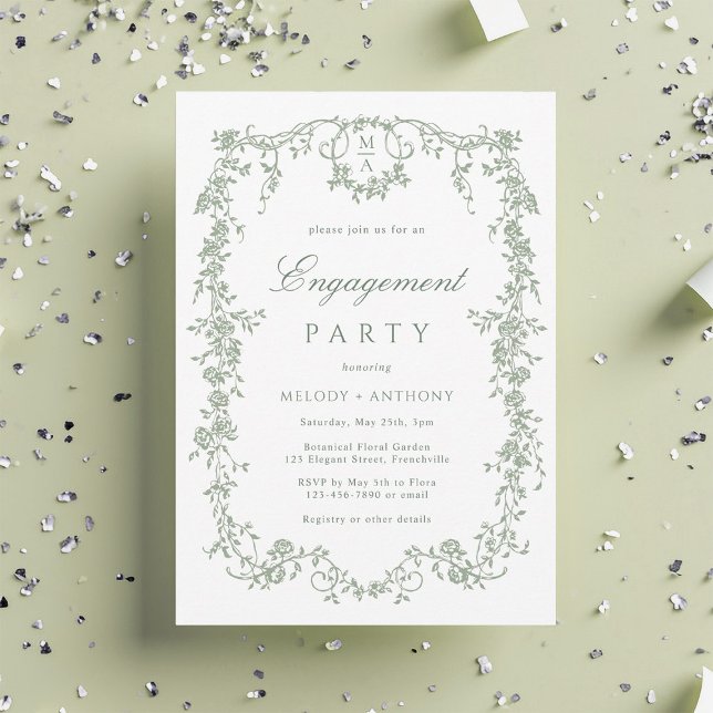 Invitación Partido de compromiso floral francés Sage Green (Subido por el creador)