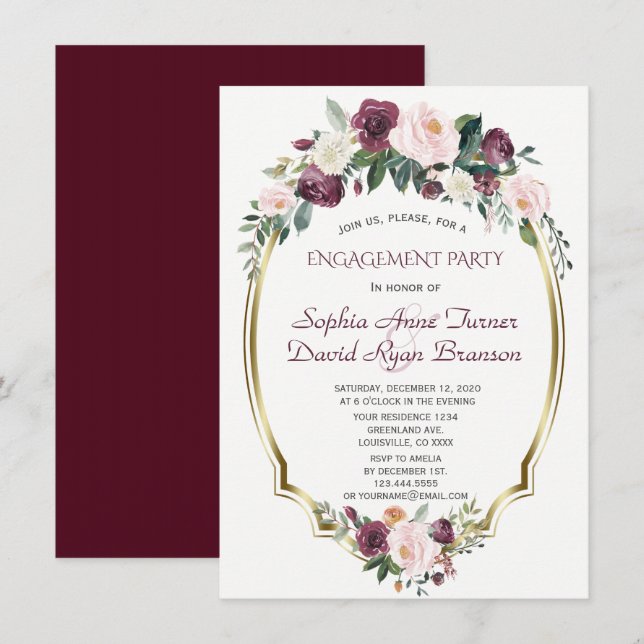Invitación Partido de compromiso floral Gold Burgundy Rubor (Anverso / Reverso)