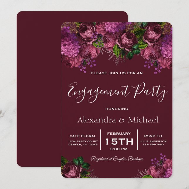 Invitación Partido de compromiso Floral Marsala Burgundy (Anverso / Reverso)