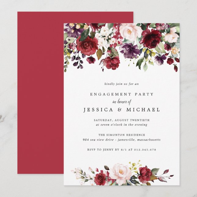 Invitación Partido de compromiso floral roja rusa (Anverso / Reverso)