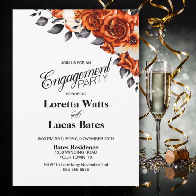 Invitación Partido de compromiso floral Rosa Naranja quemado (Subido por el creador)