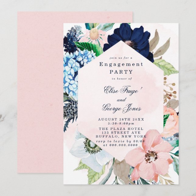 Invitación Partido de compromiso floral rosa Rubor de la Mari (Anverso / Reverso)