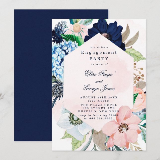 Invitación Partido de compromiso floral rosa Rubor de la Mari (Anverso / Reverso)