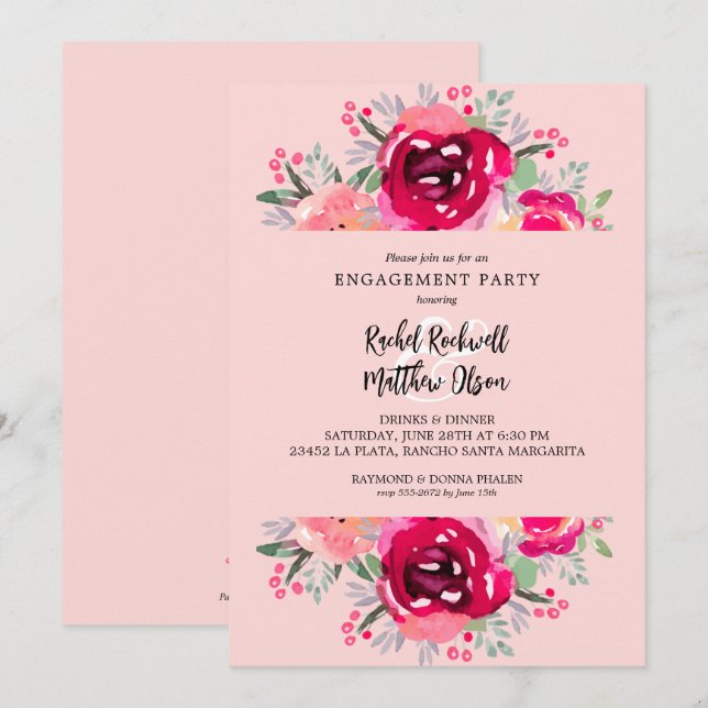 Invitación Partido de compromiso floral rosado de moda (Anverso / Reverso)