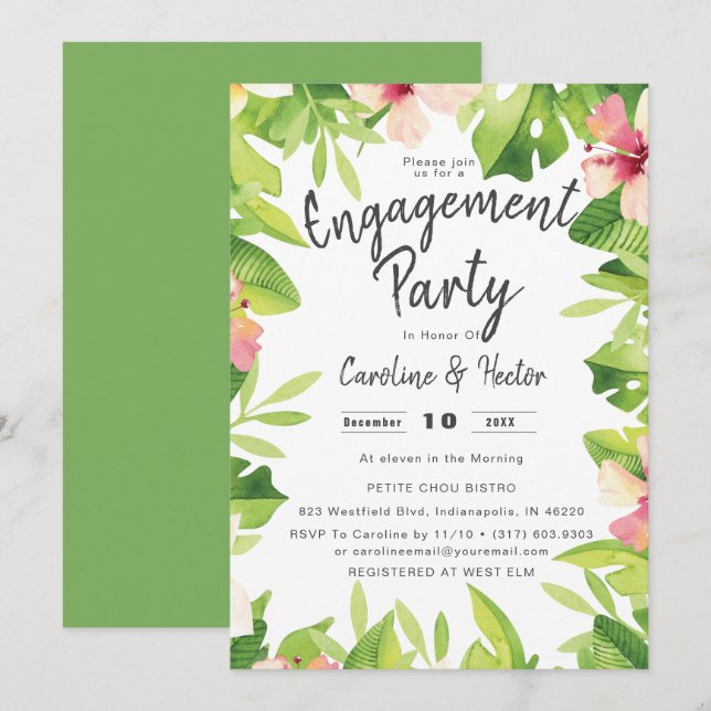 Invitación Partido de compromiso floral tropical acuático (Anverso / Reverso)