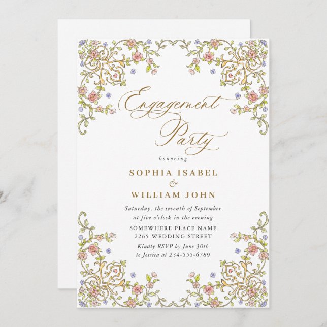 Invitación PARTIDO DE COMPROMISO Floral Victoriano Ornate Gra (Anverso / Reverso)