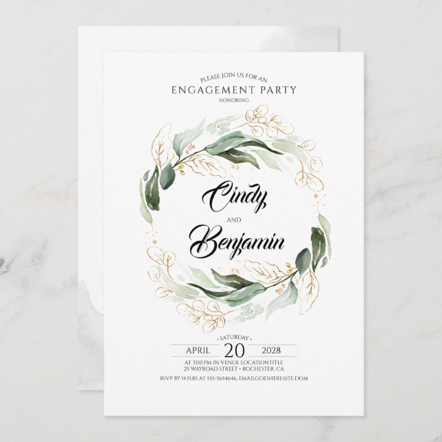 Invitación Partido de compromiso "Foliage and Gold Leaves" de (Anverso / Reverso)