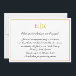 Invitación Partido de compromiso formal del Monograma Dorado<br><div class="desc">Invitaciones formales y sofisticadas a fiestas de compromiso con un diseño simple con los detalles de tu evento dentro de un falso borde dorado, sobre un fondo blanco. En la parte superior se encuentran sus dos monografías iniciales y sus detalles en una caligrafía elegante. Un diseño elegante que seguro impresionará....</div>