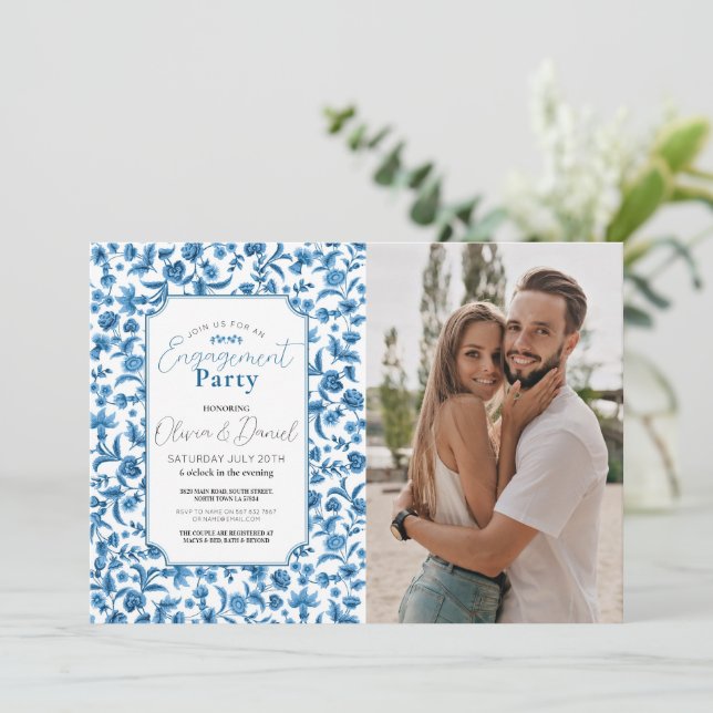 Invitación Partido de compromiso Foto Chintz Blue Floral Dits (Anverso de pie)