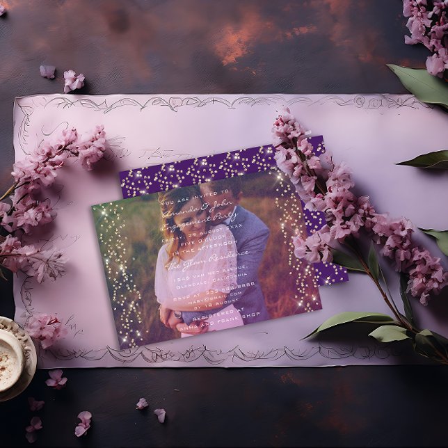 Invitación Partido de compromiso Foto Morado Violeta Oro (Engagement Party Photo Purple Violet Gold Invitation)