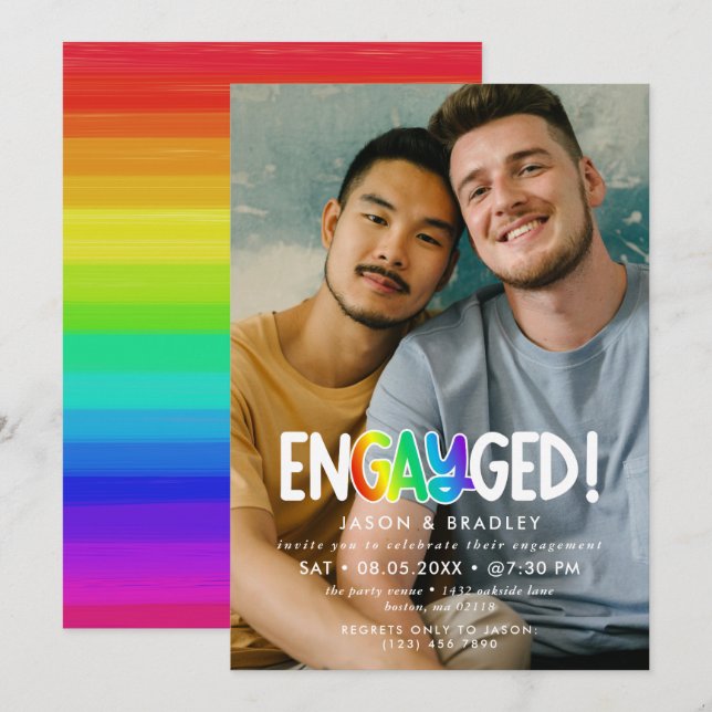 Invitación Partido de compromiso gay con gran foto arcoiris (Anverso / Reverso)