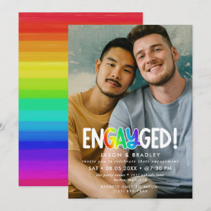 Invitación Partido de compromiso gay con gran foto arcoiris