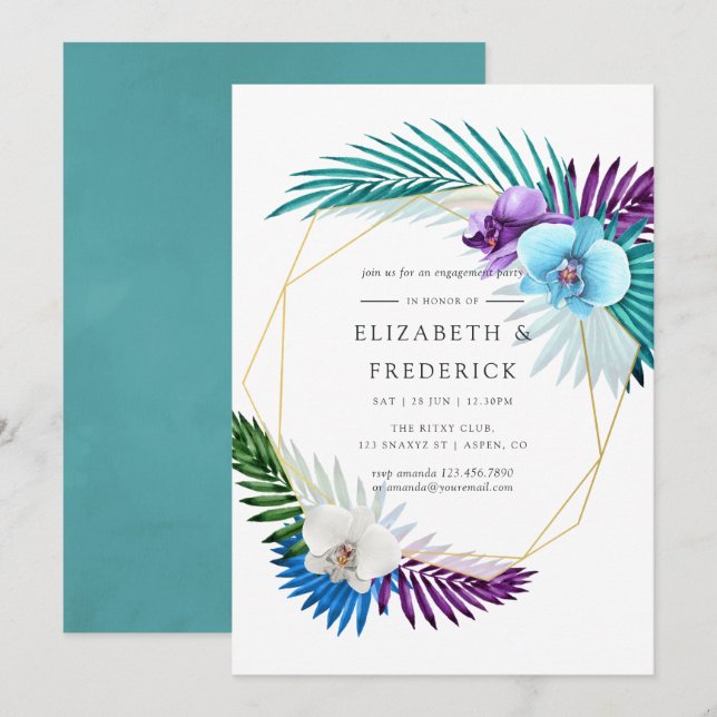 Invitación Partido de compromiso geométrico de orquídeas trop (Anverso / Reverso)