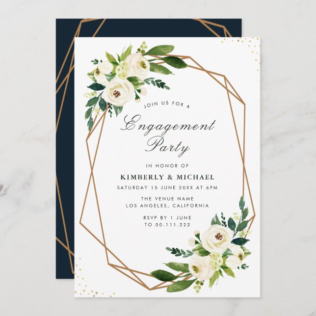 Invitación partido de compromiso geométrico floral de marfil  (Anverso / Reverso)