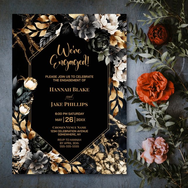 Invitación Partido de compromiso geométrico floral de oro neg (Subido por el creador)