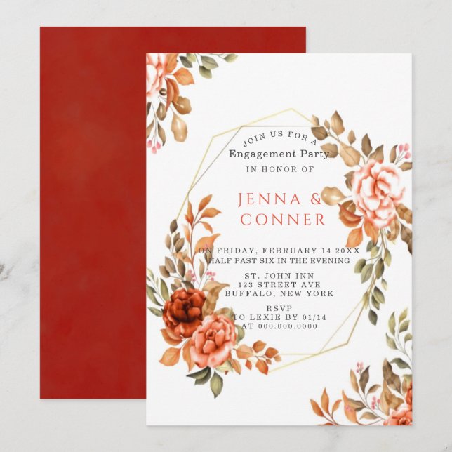 Invitación Partido de compromiso geométrico floral del Naranj (Anverso / Reverso)