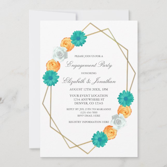 Invitación Partido de compromiso geométrico floral Verde azul (Anverso)