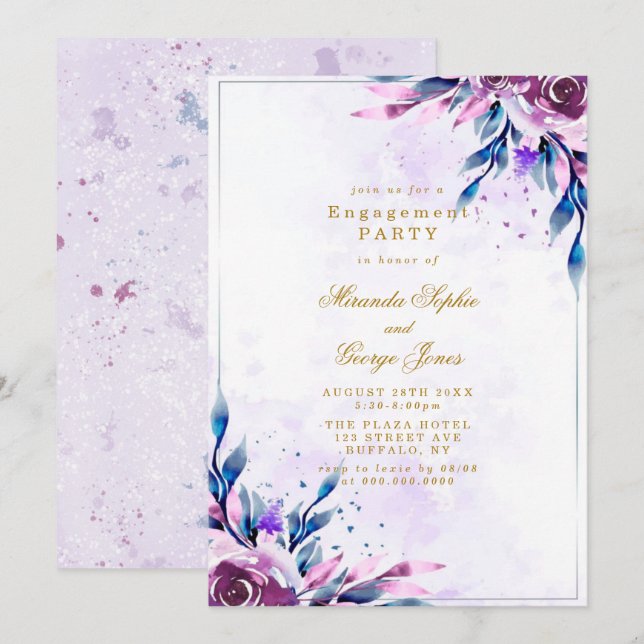 Invitación Partido de Compromiso Geométrico Purple Peony Gold (Anverso / Reverso)