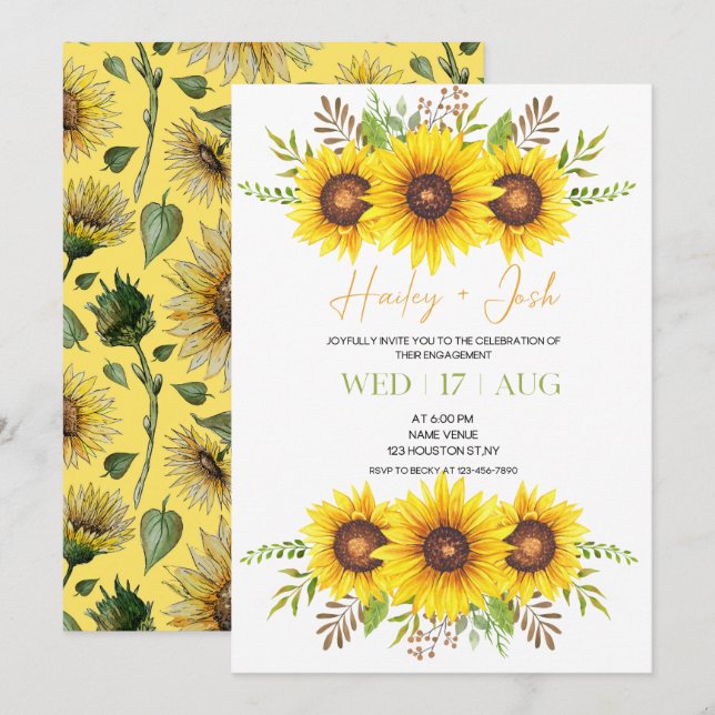Invitación Partido de compromiso, girasol, Boda verde amarill (Anverso / Reverso)