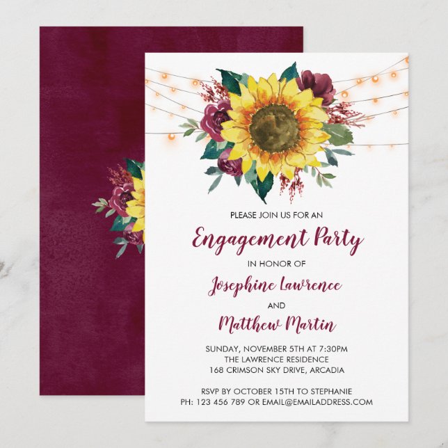 Invitación Partido de compromiso Girasol Borgoña Floral (Anverso / Reverso)